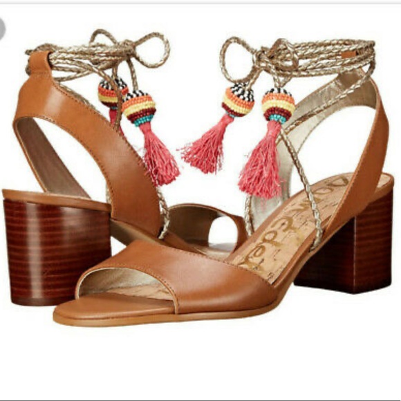 Sam Edelman Women’s Brown Block Heel Beaded Sandals Size 7 Beaded Tassel - Picture 2 of 16